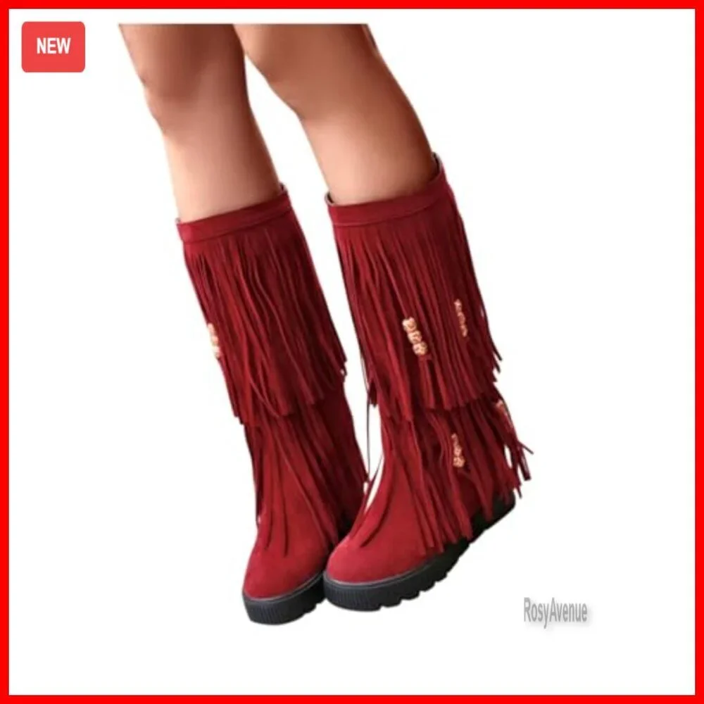 Women's Fringe Suede Knee-High Boots with Hidden Wedge and Tassels